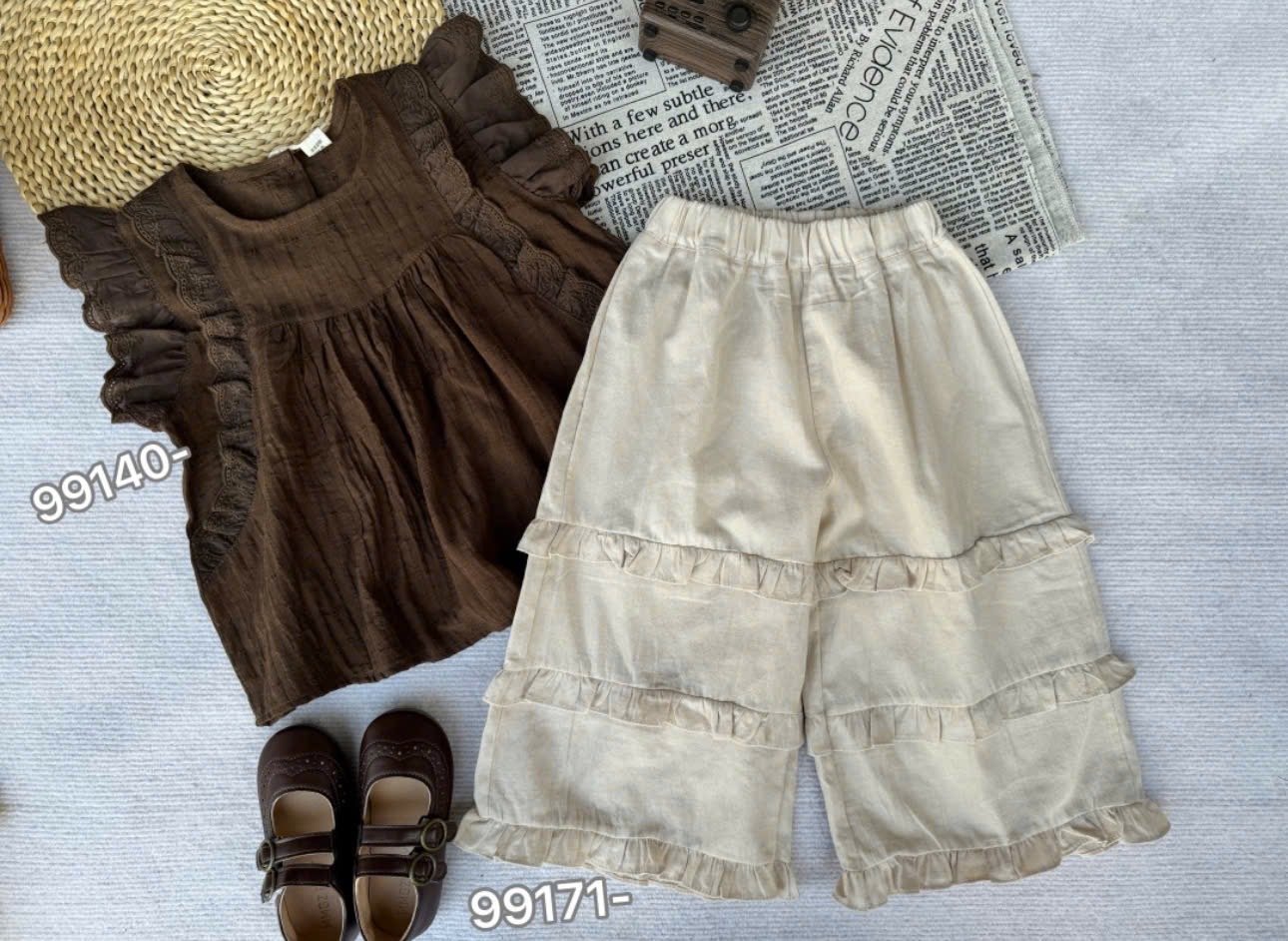 Áo và Quần thô phối màu cực xinh tone trắng be nâu bé gái size 110-150