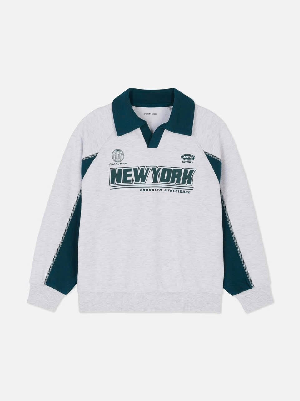 Áo nỉ da cá Primark màu ghi phối xanh rêu New York size 8 - 15y