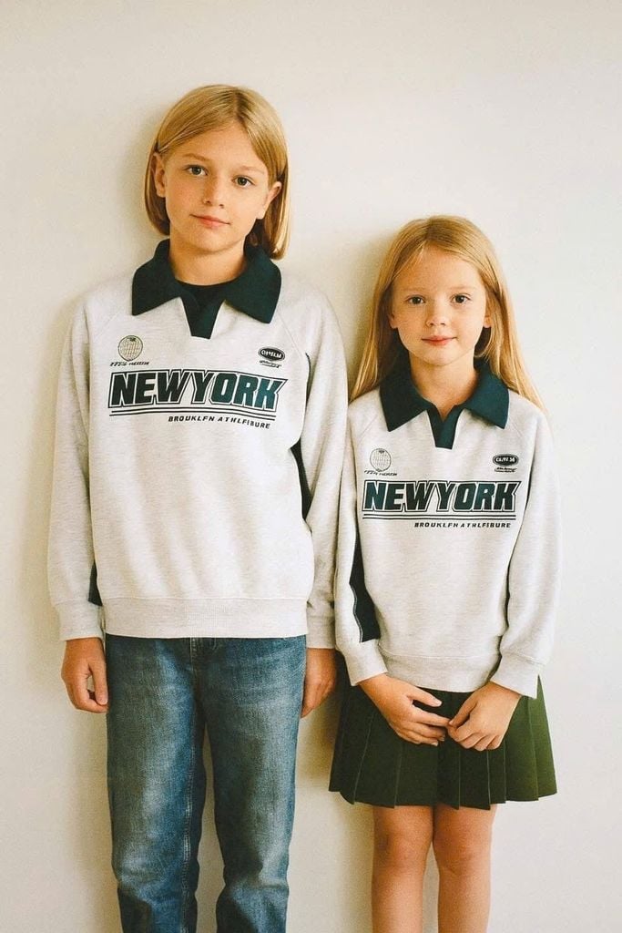 Áo nỉ da cá Primark màu ghi phối xanh rêu New York size 8 - 15y