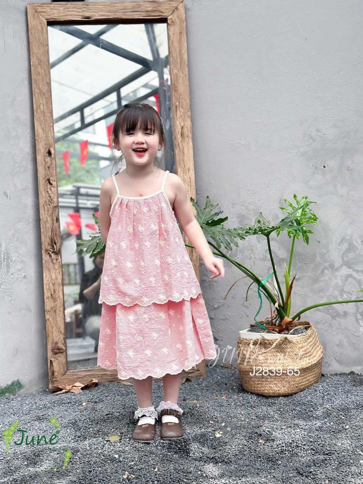J2839 - Set bộ June with love caro họa tiết nơ 3 màu cho bé gái size 1-10y