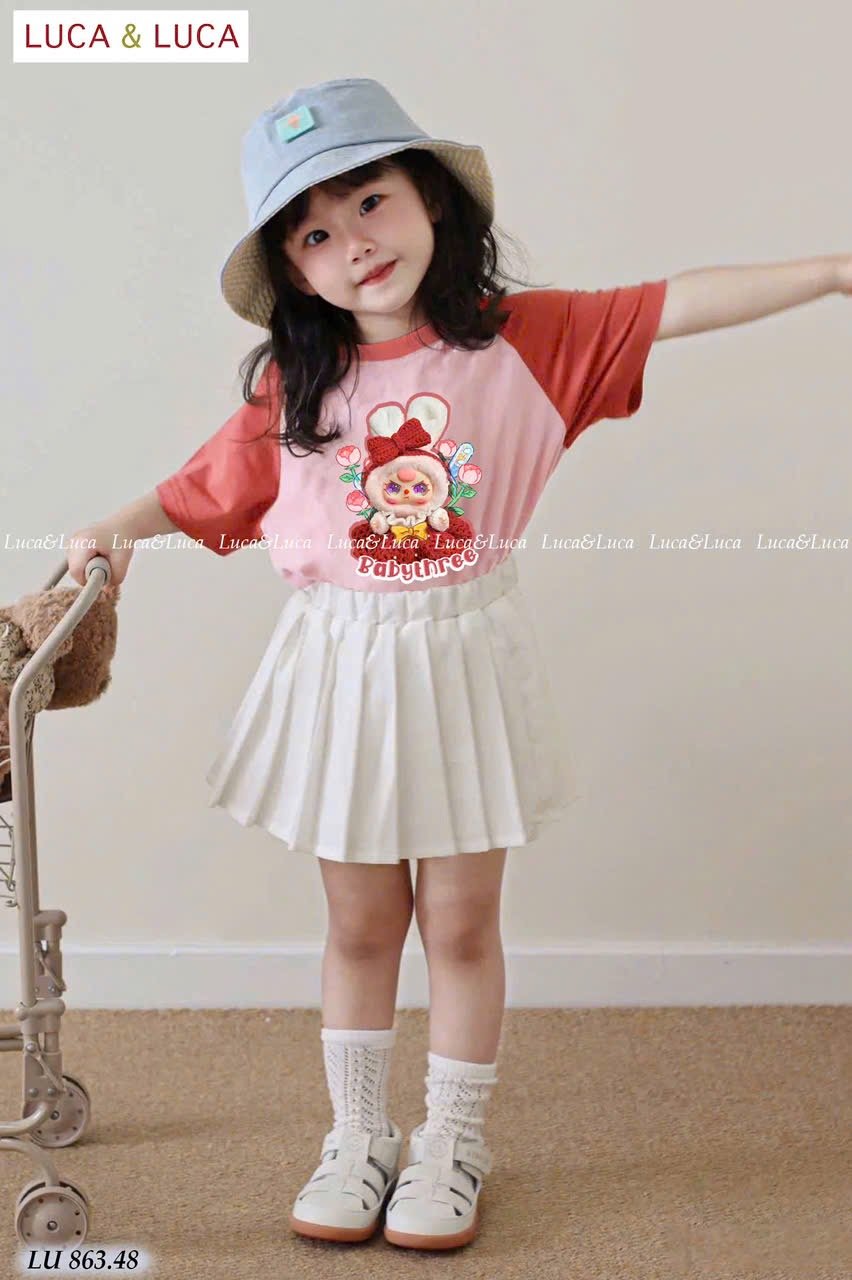 LU 863 - Bộ Luca Luca Baby Three áo hồng cam + chân váy bé gái size 2-12y