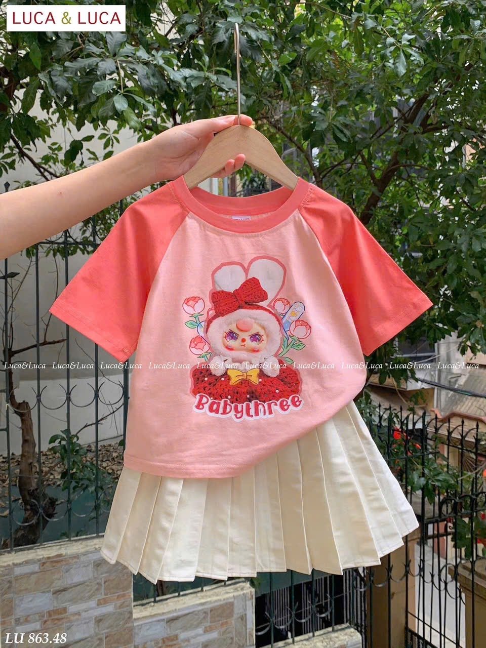 LU 863 - Bộ Luca Luca Baby Three áo hồng cam + chân váy bé gái size 2-12y