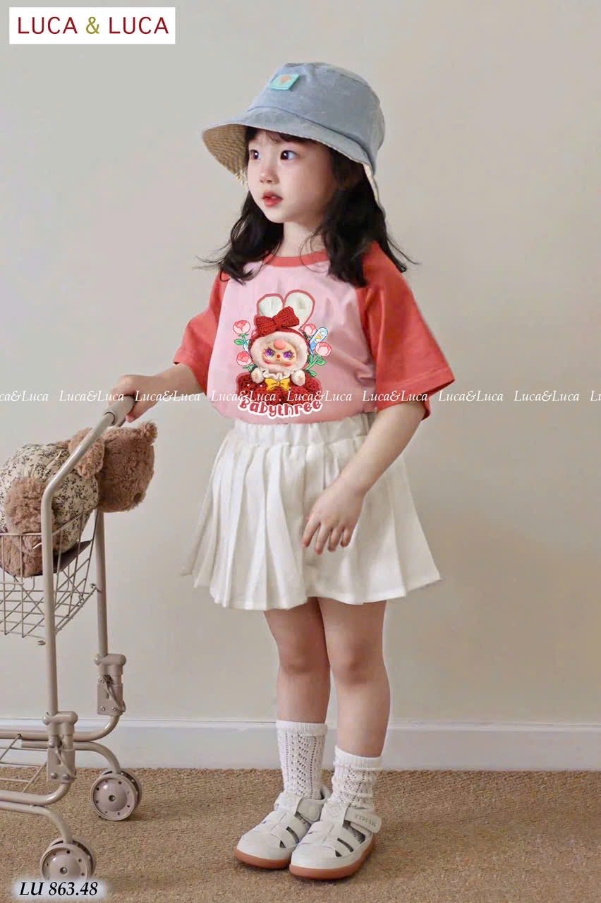 LU 863 - Bộ Luca Luca Baby Three áo hồng cam + chân váy bé gái size 2-12y