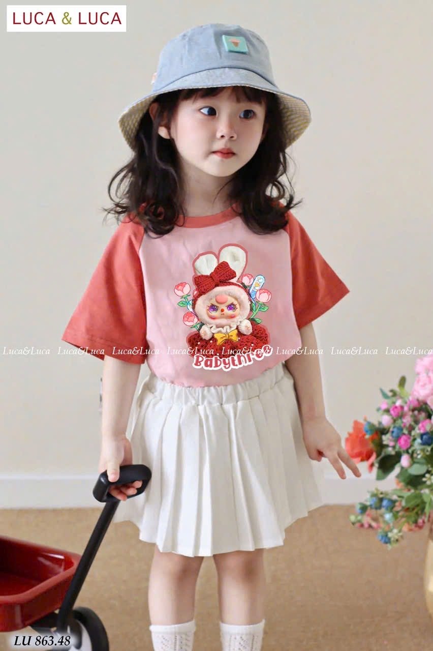 LU 863 - Bộ Luca Luca Baby Three áo hồng cam + chân váy bé gái size 2-12y