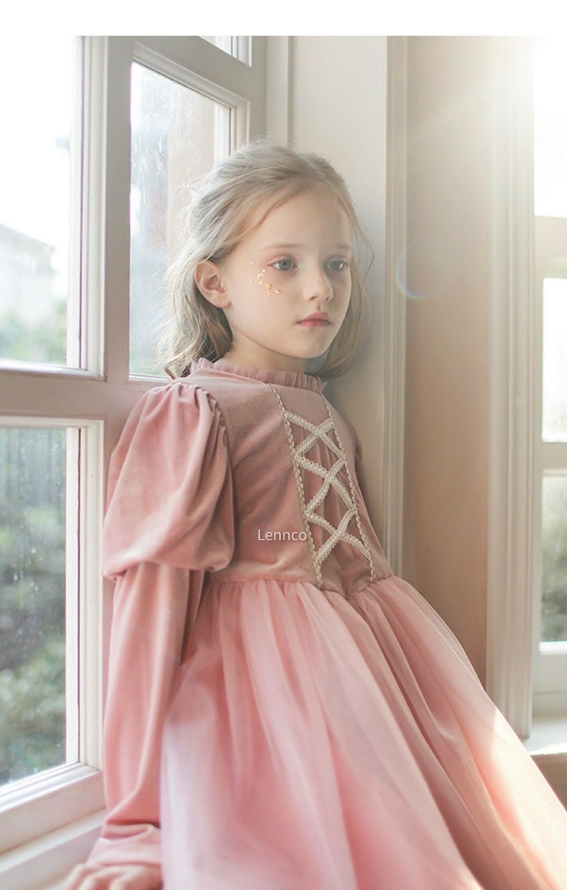 Váy Lennco nhung phối voan cổ nhún ren ngực vai bồng 2 màu đỏ / hồng size 1 - 10y