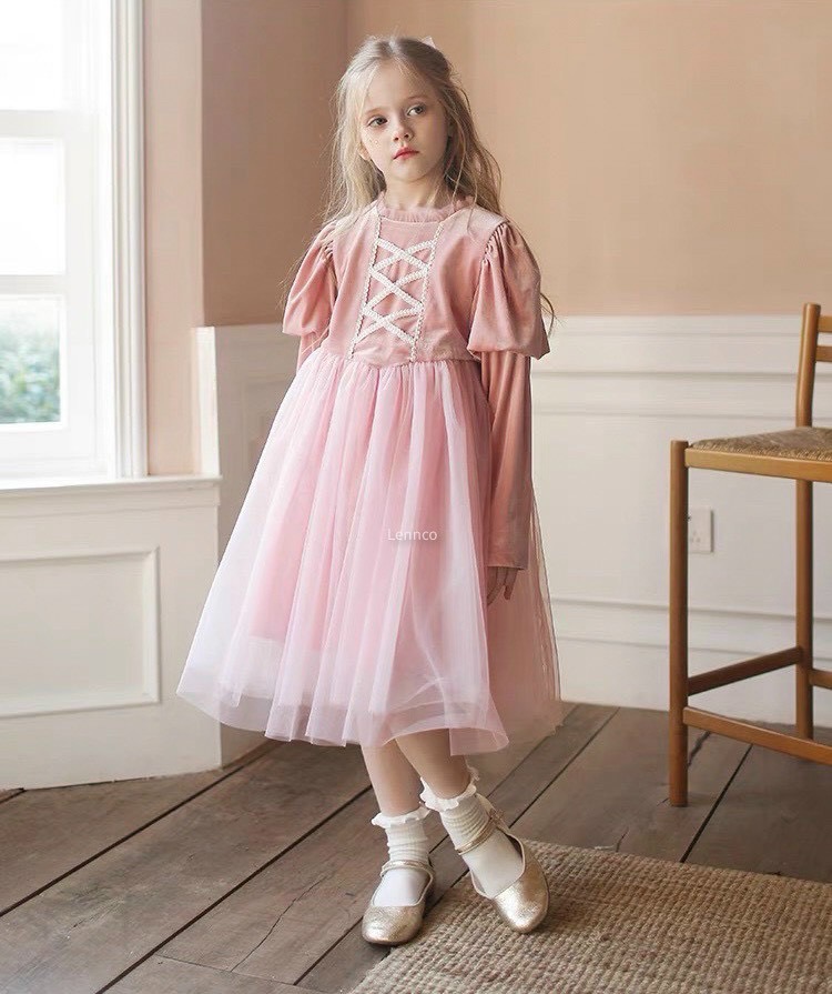 Váy Lennco nhung phối voan cổ nhún ren ngực vai bồng 2 màu đỏ / hồng size 1 - 10y