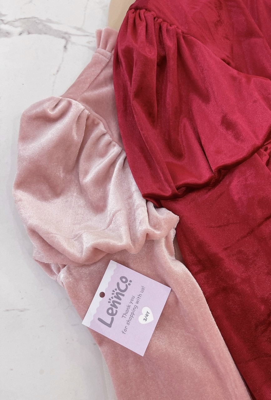 Váy Lennco nhung phối voan cổ nhún ren ngực vai bồng 2 màu đỏ / hồng size 1 - 10y