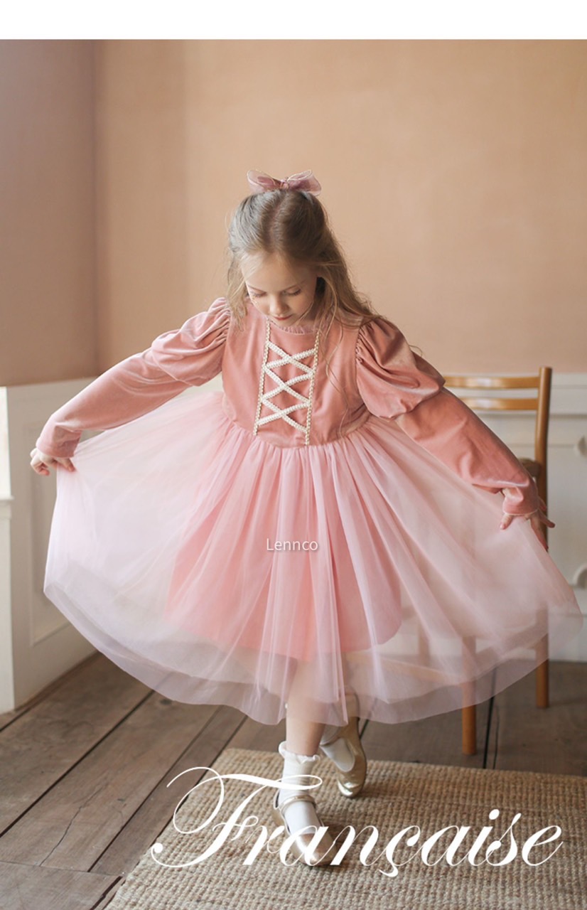 Váy Lennco nhung phối voan cổ nhún ren ngực vai bồng 2 màu đỏ / hồng size 1 - 10y