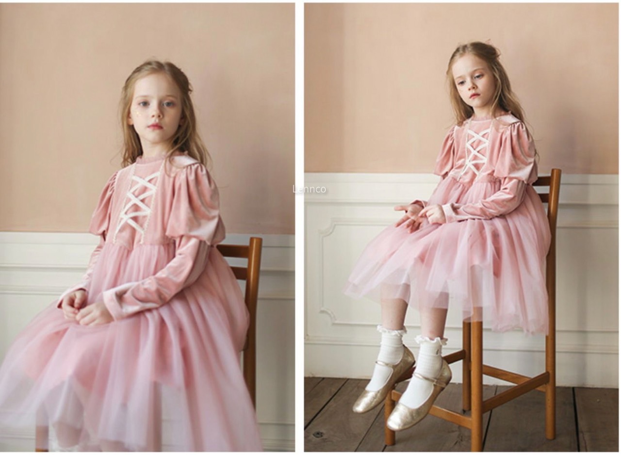 Váy Lennco nhung phối voan cổ nhún ren ngực vai bồng 2 màu đỏ / hồng size 1 - 10y