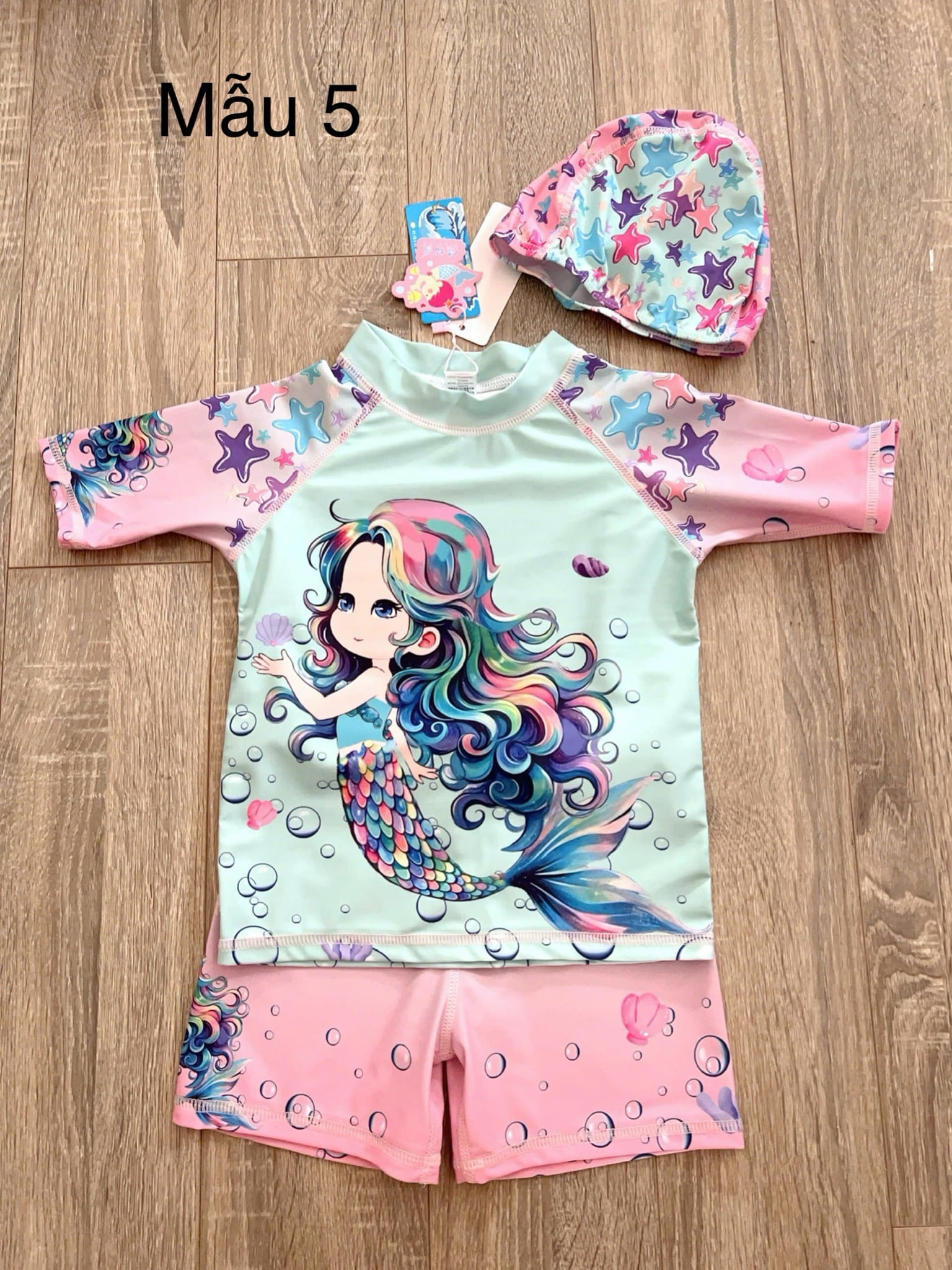 Bộ bơi 3ct kèm mũ hoạ tiết tiên cá nhiều màu cho bé gái size 90-140