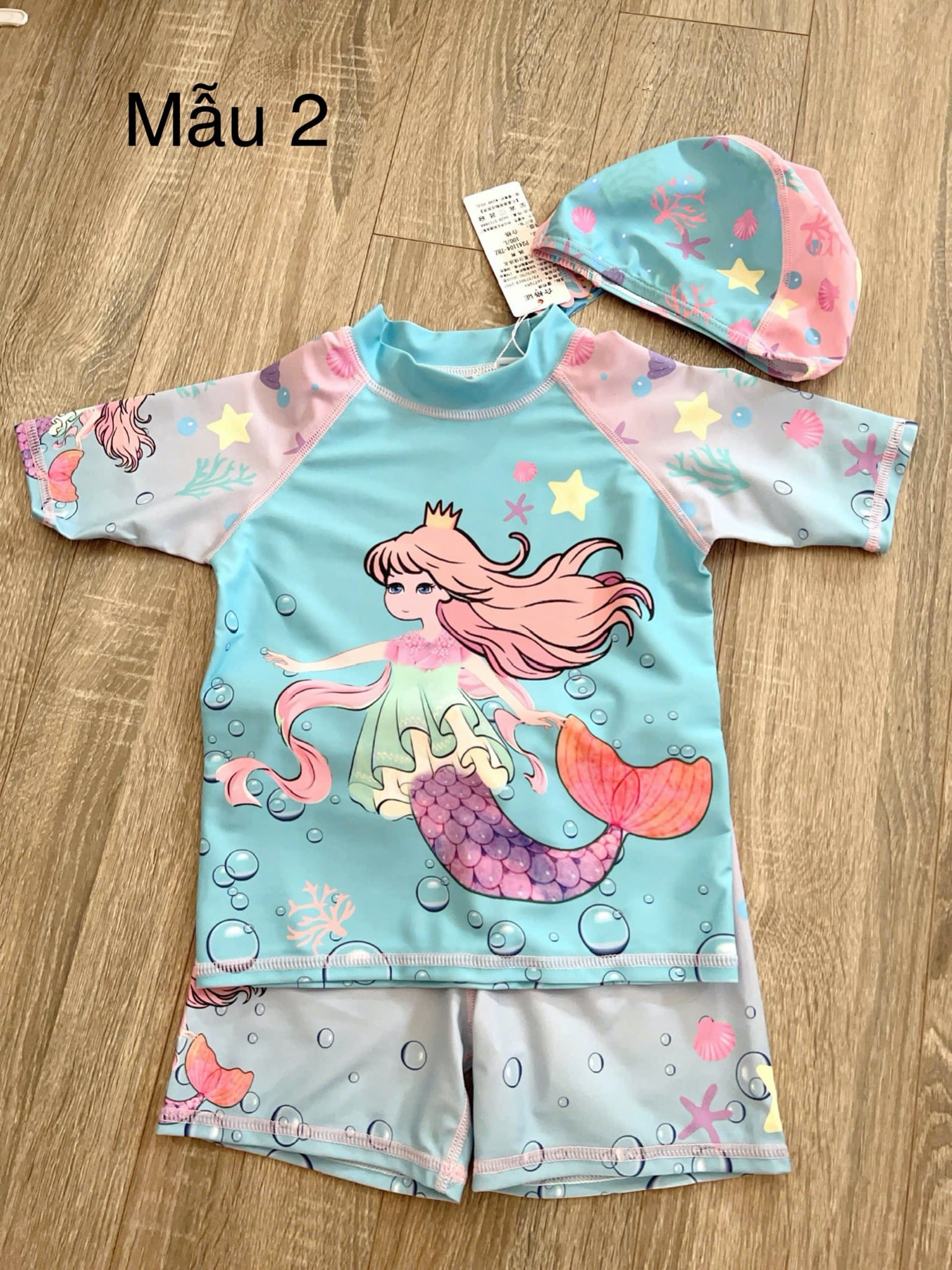 Bộ bơi 3ct kèm mũ hoạ tiết tiên cá nhiều màu cho bé gái size 90-140