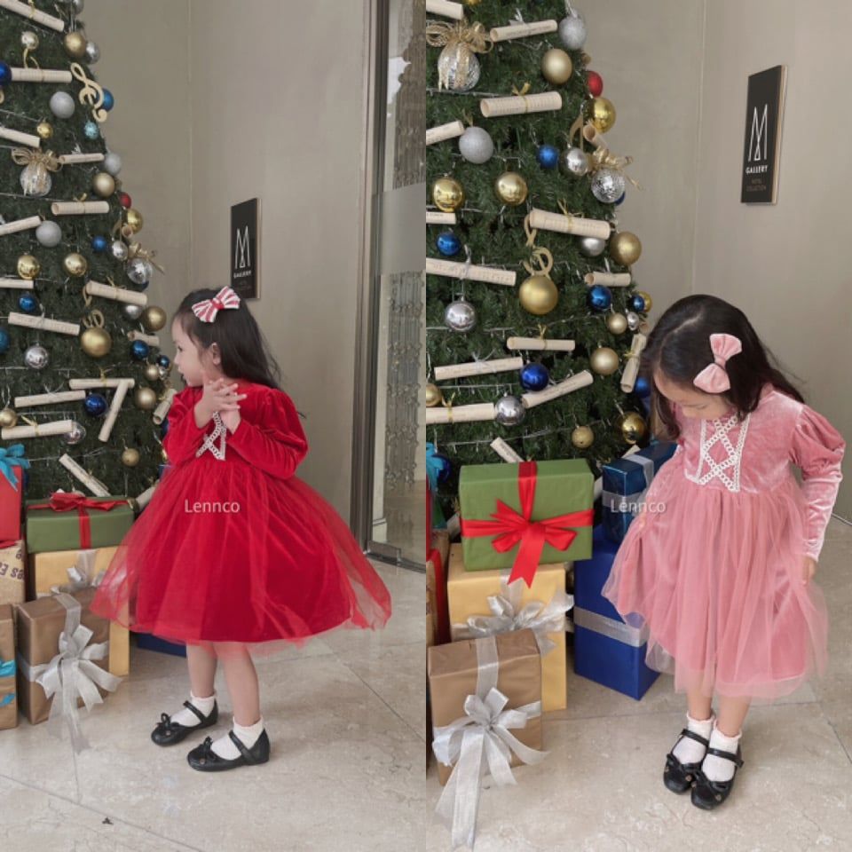 Váy Lennco nhung phối voan cổ nhún ren ngực vai bồng 2 màu đỏ / hồng size 1 - 10y