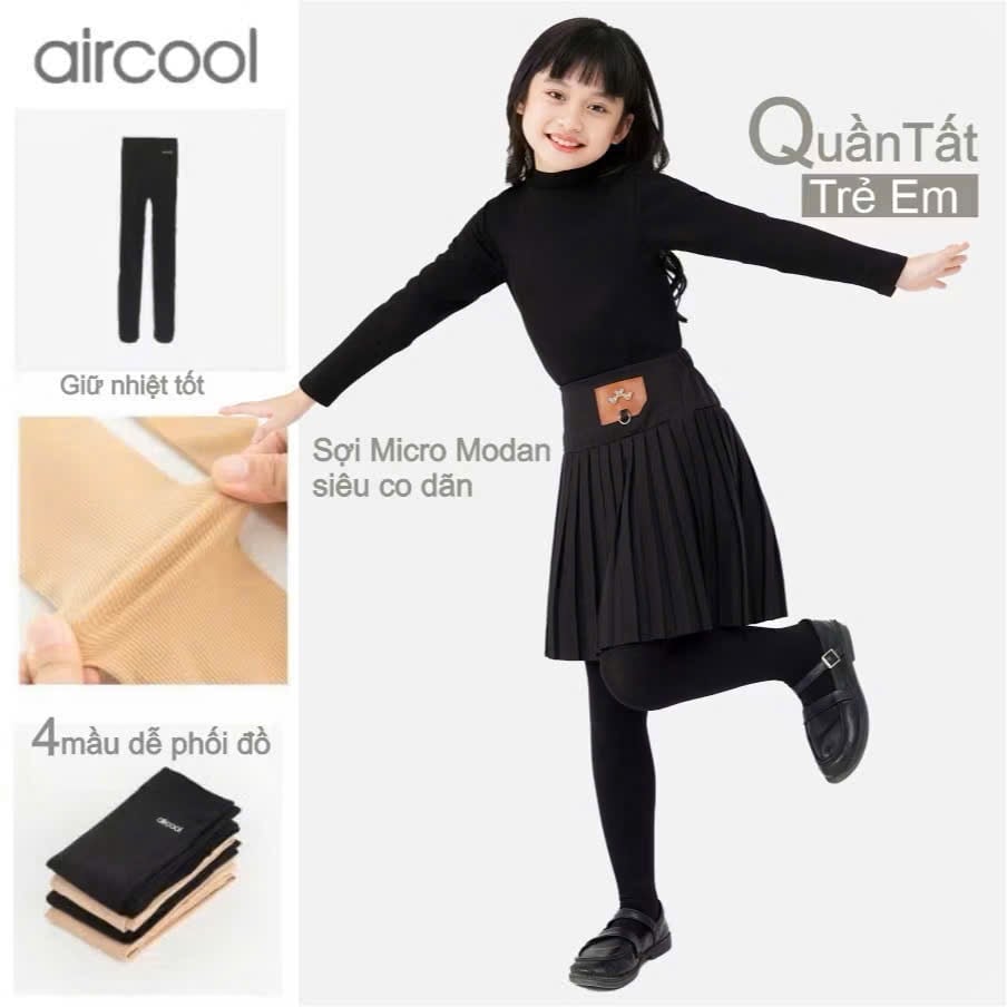 Quần tất Aircool vải sợi giữ nhiệt 2 màu đen/da bé gái size 2-16y