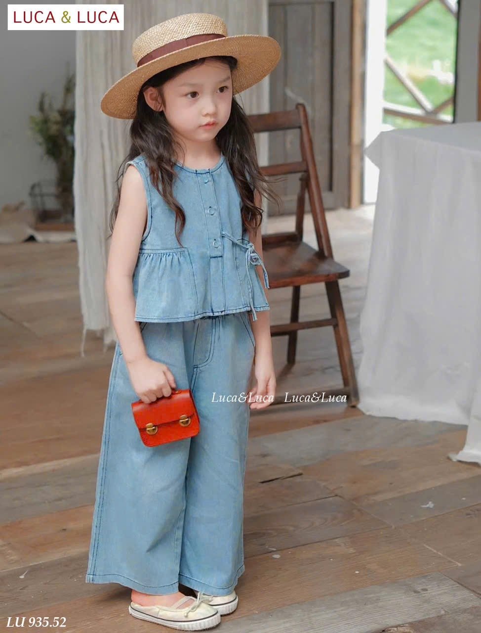 LU 935 - Bộ denim xanh Luca áo sát nách nơ eo + quần culottes size 2 - 12y