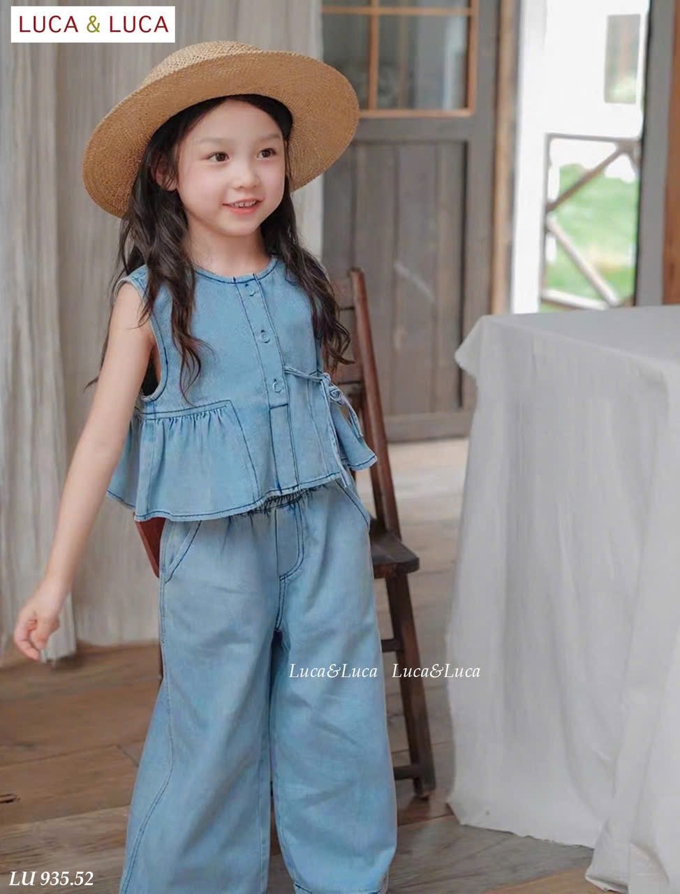 LU 935 - Bộ denim xanh Luca áo sát nách nơ eo + quần culottes size 2 - 12y