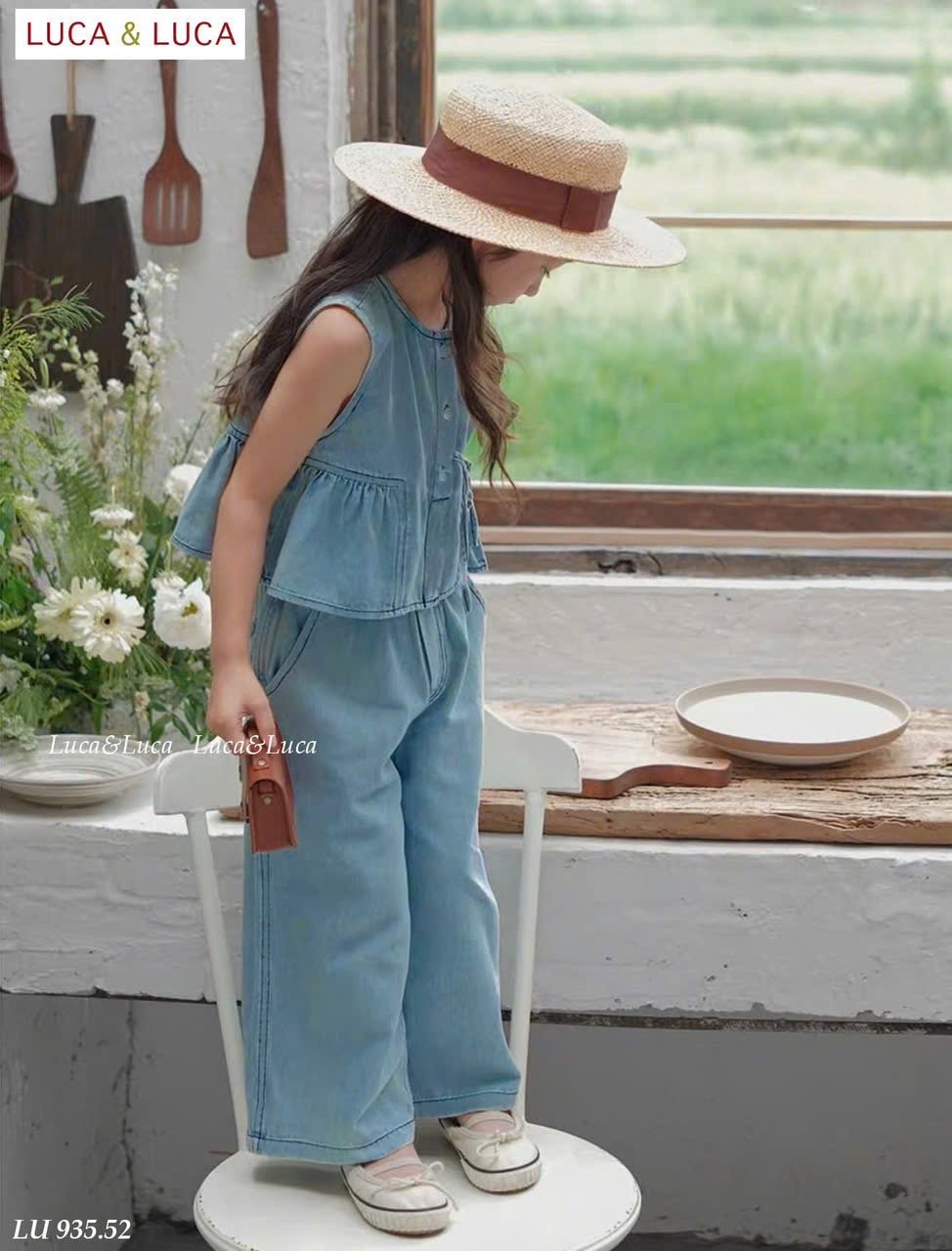 LU 935 - Bộ denim xanh Luca áo sát nách nơ eo + quần culottes size 2 - 12y