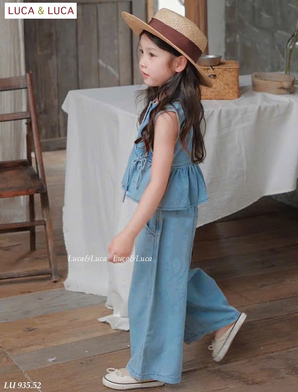 LU 935 - Bộ denim xanh Luca áo sát nách nơ eo + quần culottes size 2 - 12y