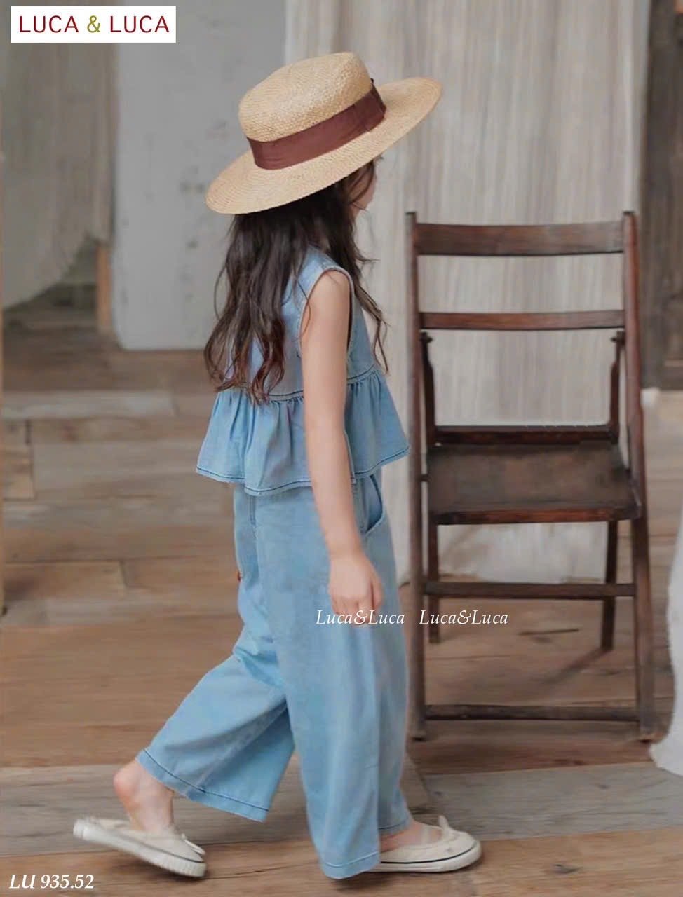 LU 935 - Bộ denim xanh Luca áo sát nách nơ eo + quần culottes size 2 - 12y