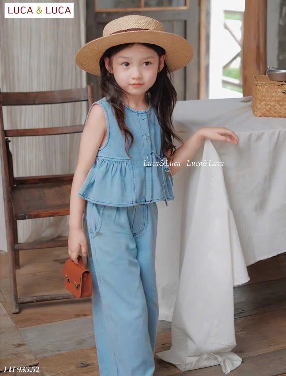 LU 935 - Bộ denim xanh Luca áo sát nách nơ eo + quần culottes size 2 - 12y