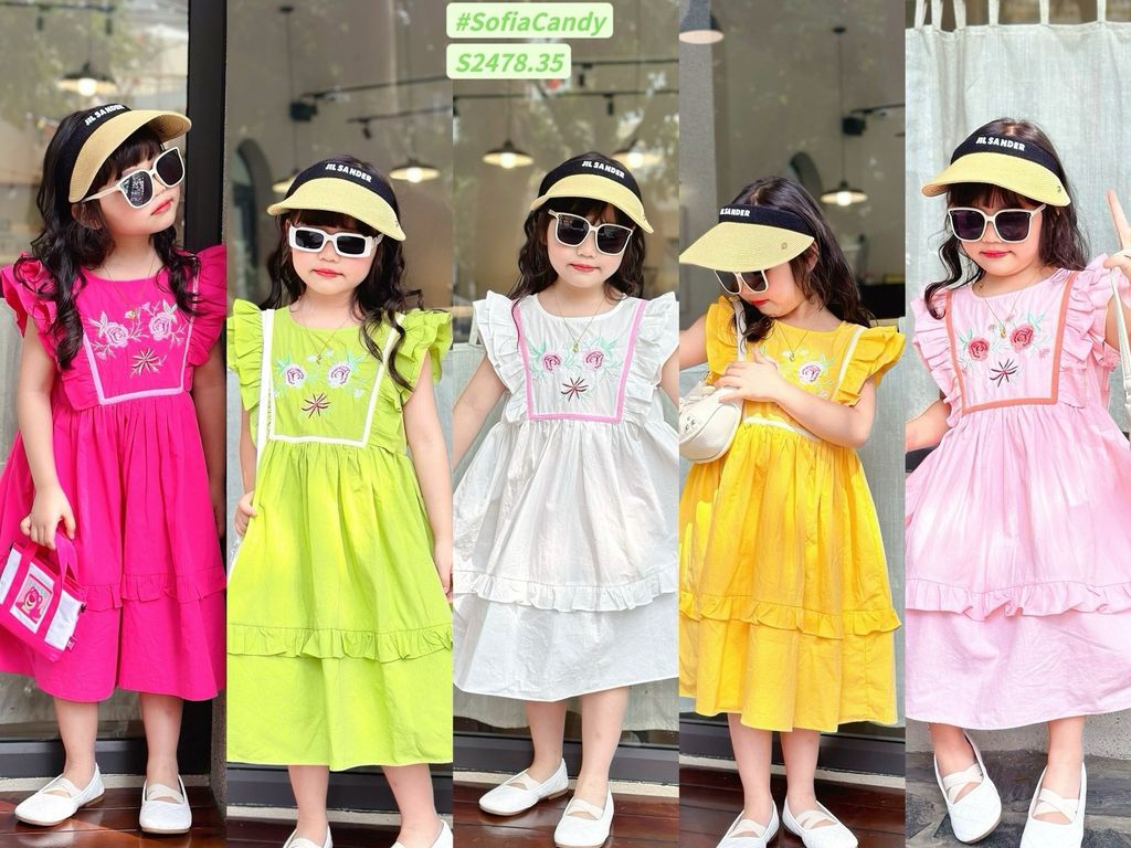 Váy Sofia Candy tiểu thư tay cánh tiên thêu hoa ngực nhiều màu BG size 1-10y