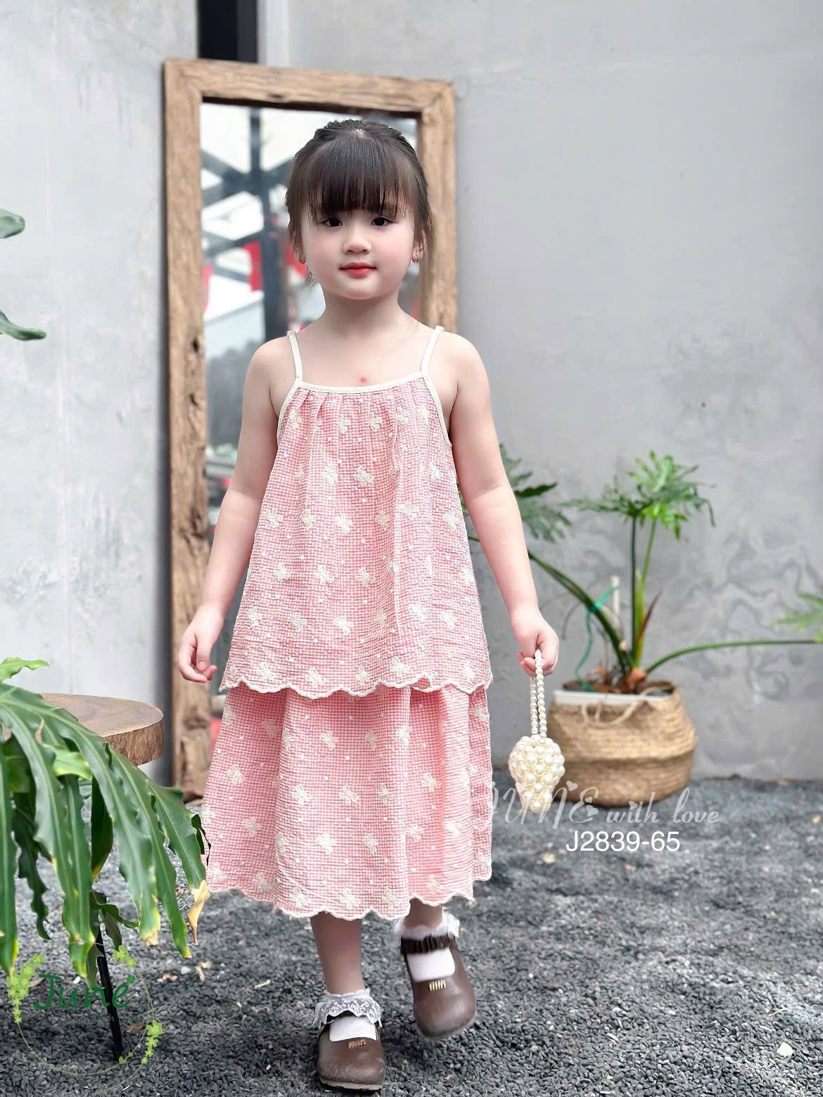 J2839 - Set bộ June with love caro họa tiết nơ 3 màu cho bé gái size 1-10y