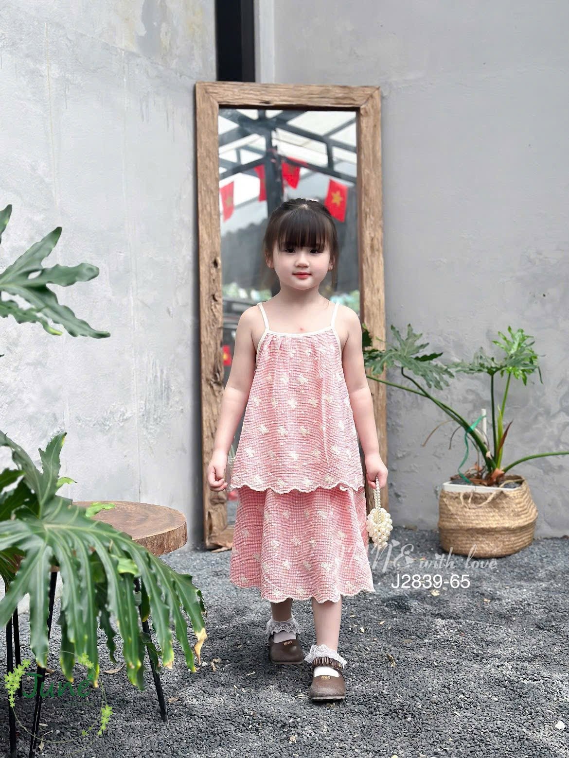 J2839 - Set bộ June with love caro họa tiết nơ 3 màu cho bé gái size 1-10y