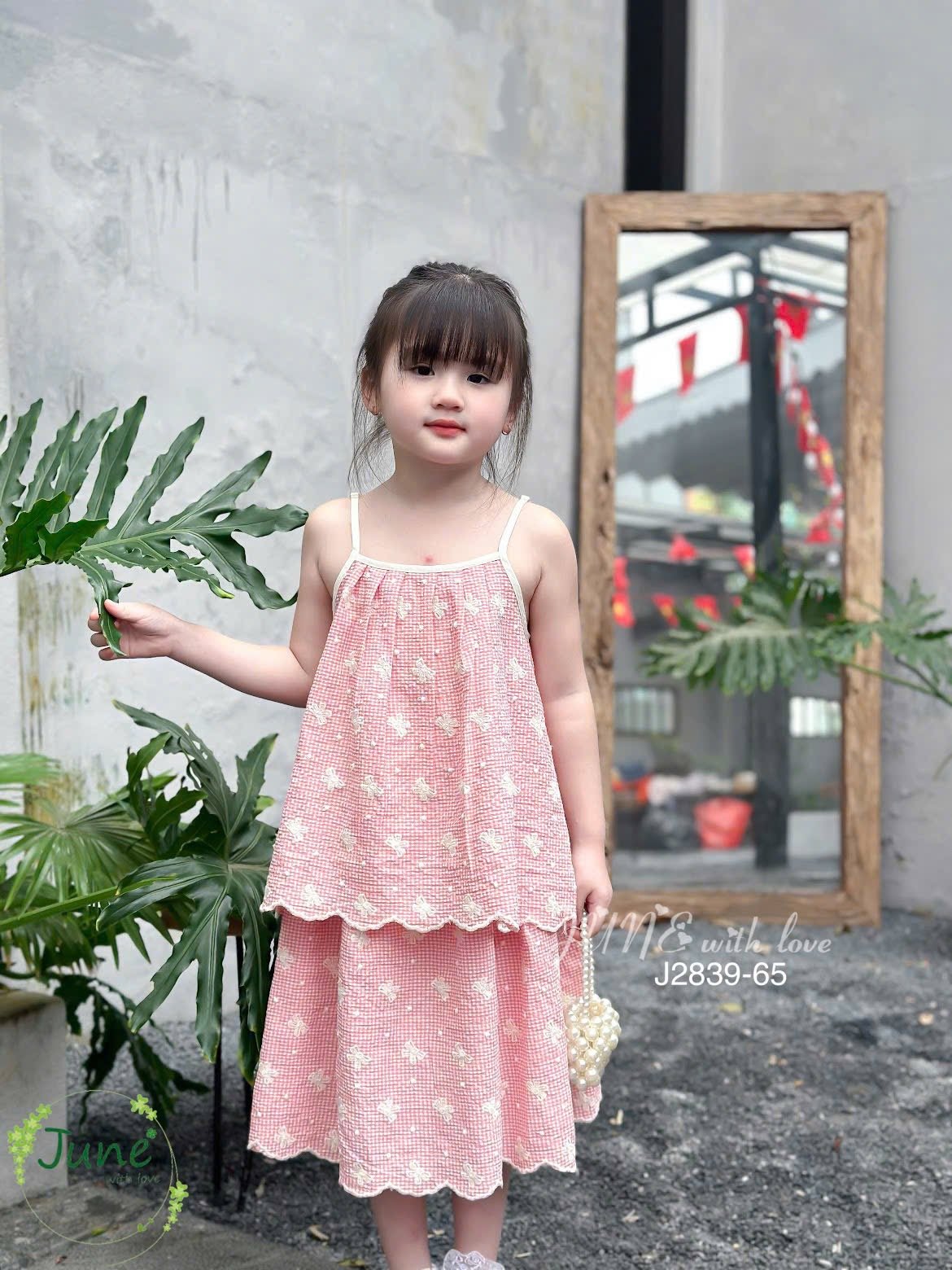 J2839 - Set bộ June with love caro họa tiết nơ 3 màu cho bé gái size 1-10y