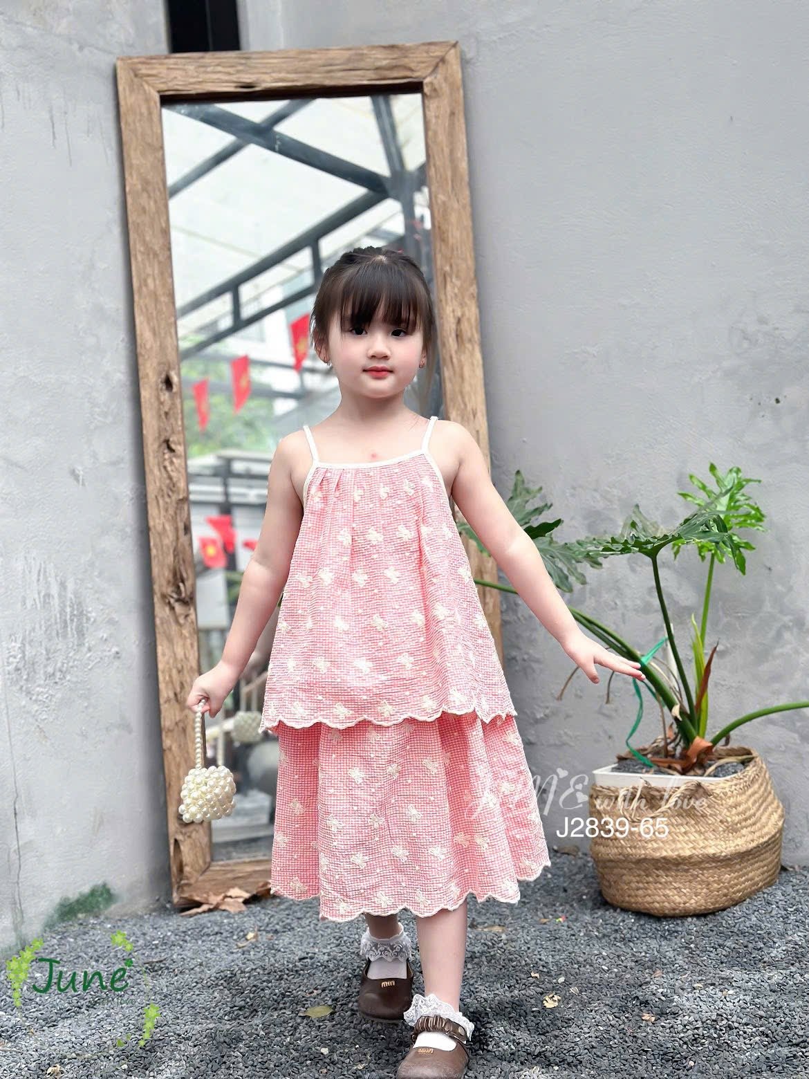 J2839 - Set bộ June with love caro họa tiết nơ 3 màu cho bé gái size 1-10y