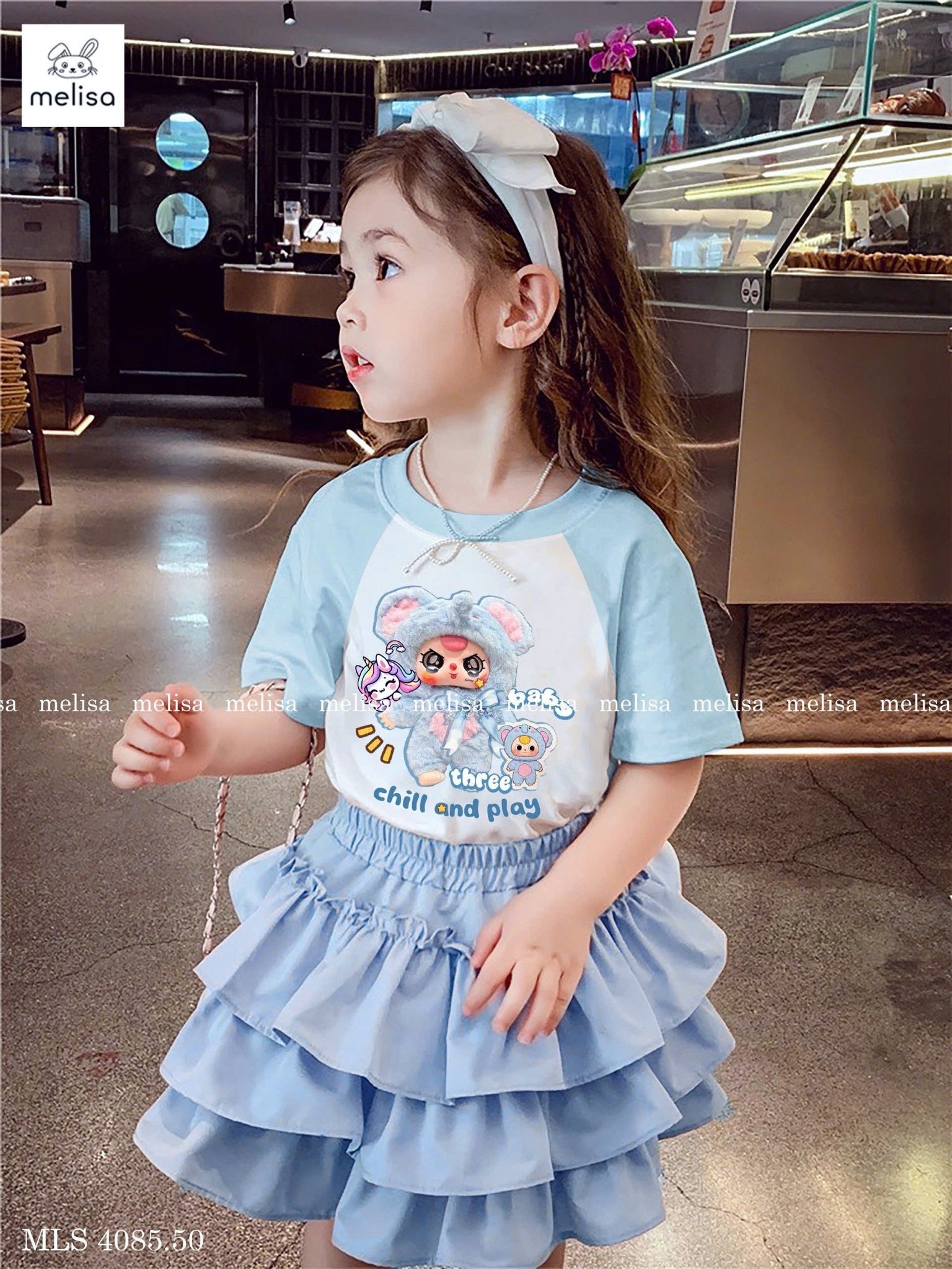 MLS 4085 - Bộ Melisa áo thun Baby Three + Pony màu trắng xanh bé gái size 2-12y