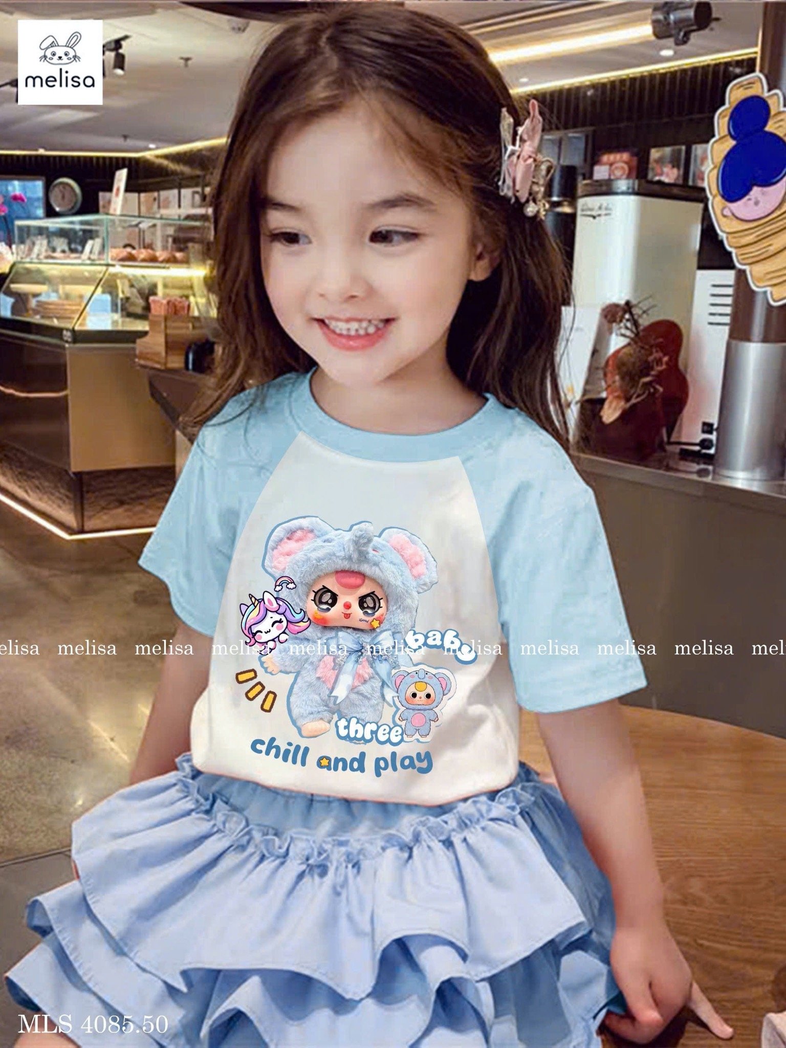 MLS 4085 - Bộ Melisa áo thun Baby Three + Pony màu trắng xanh bé gái size 2-12y