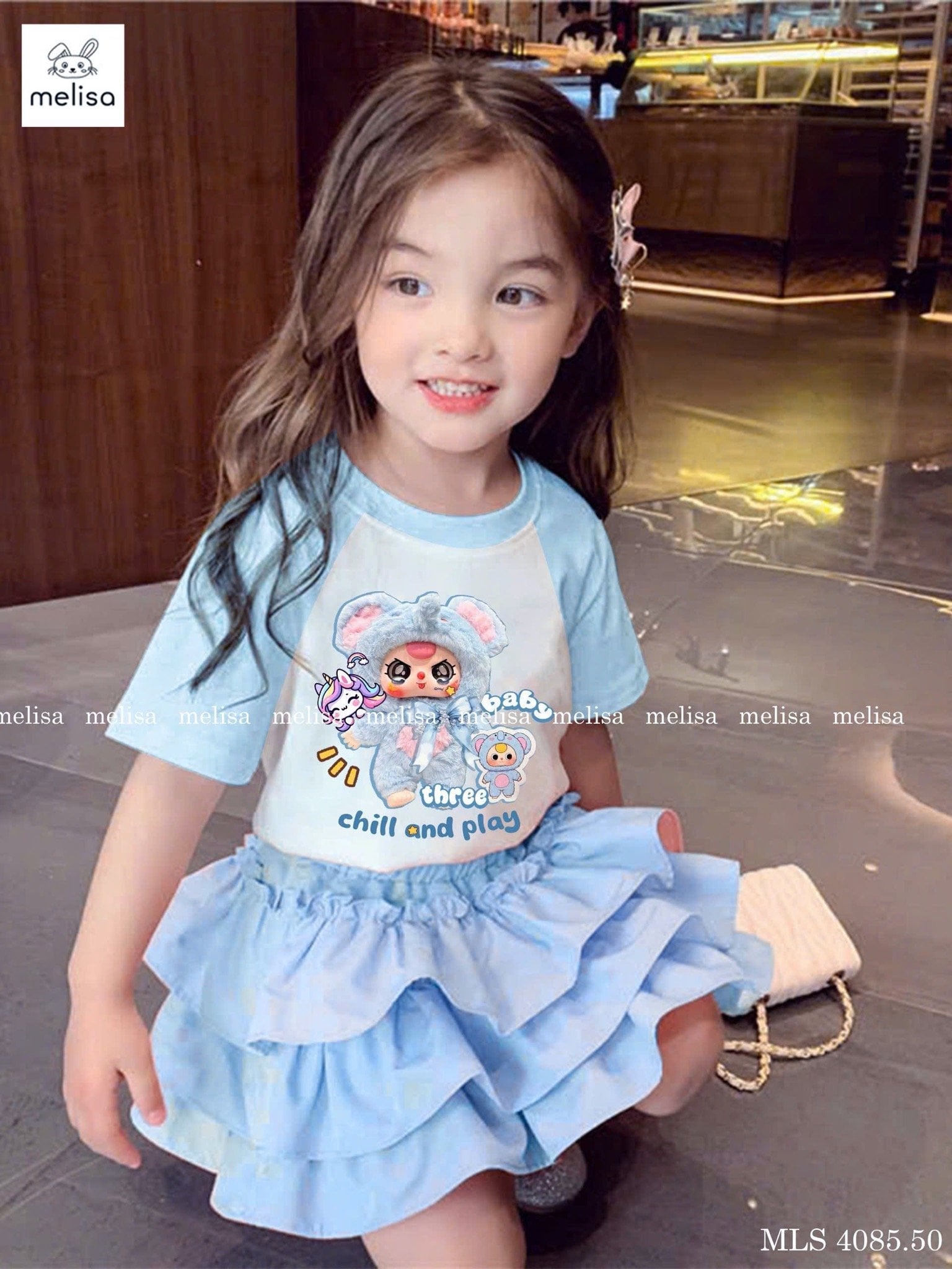 MLS 4085 - Bộ Melisa áo thun Baby Three + Pony màu trắng xanh bé gái size 2-12y
