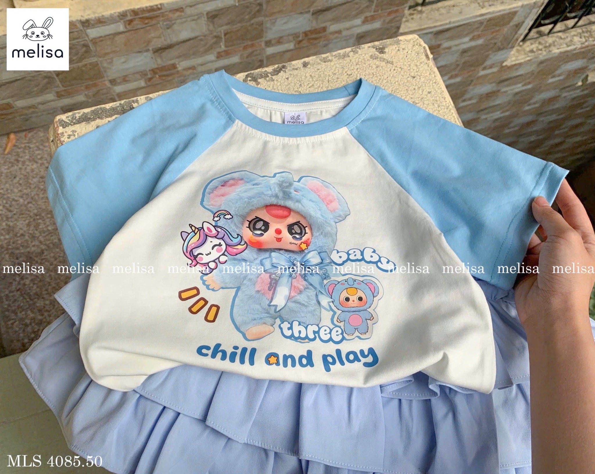 MLS 4085 - Bộ Melisa áo thun Baby Three + Pony màu trắng xanh bé gái size 2-12y