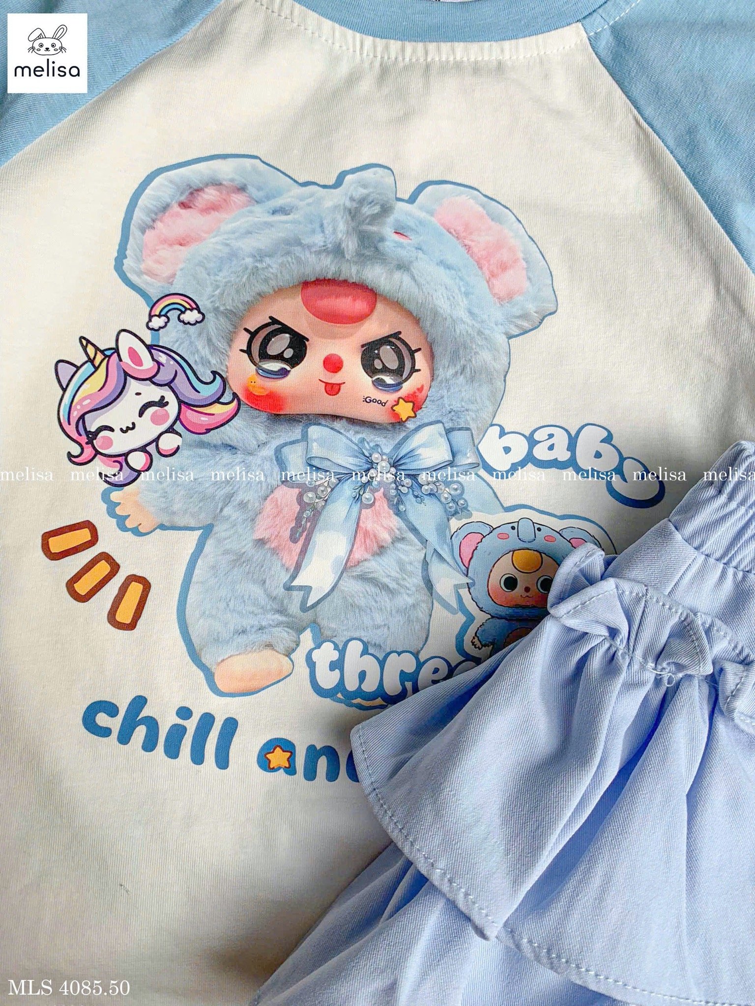 MLS 4085 - Bộ Melisa áo thun Baby Three + Pony màu trắng xanh bé gái size 2-12y