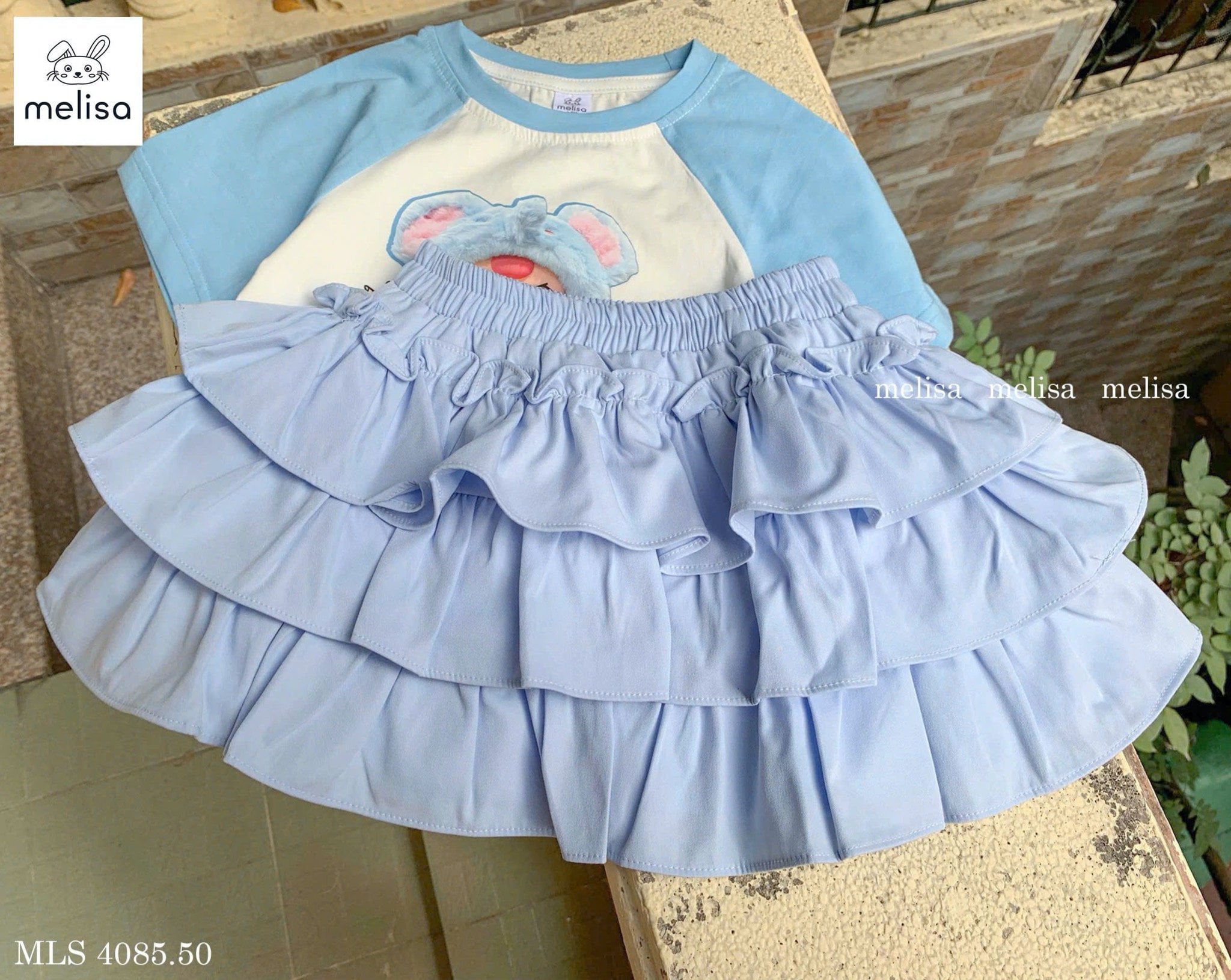 MLS 4085 - Bộ Melisa áo thun Baby Three + Pony màu trắng xanh bé gái size 2-12y