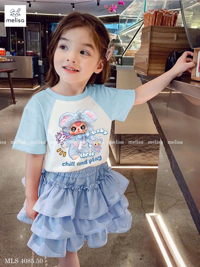 MLS 4085 - Bộ Melisa áo thun Baby Three + Pony màu trắng xanh bé gái size 2-12y
