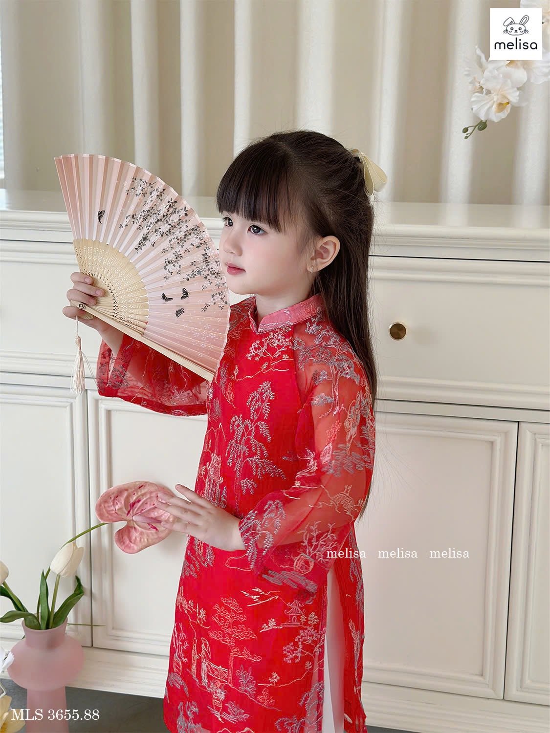 MLS 3655 - Áo dài voan Melisa màu đỏ hoạ tiết thêu nổi làng quê bắc bộ size 2 - 12y