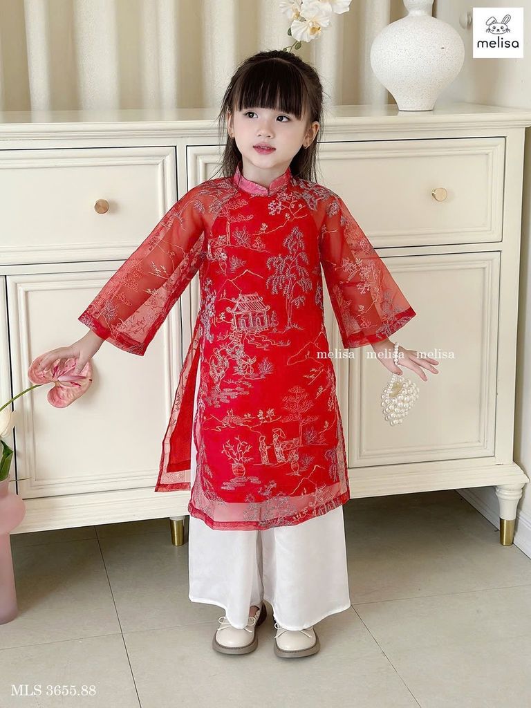 MLS 3655 - Áo dài voan Melisa màu đỏ hoạ tiết thêu nổi làng quê bắc bộ size 2 - 12y