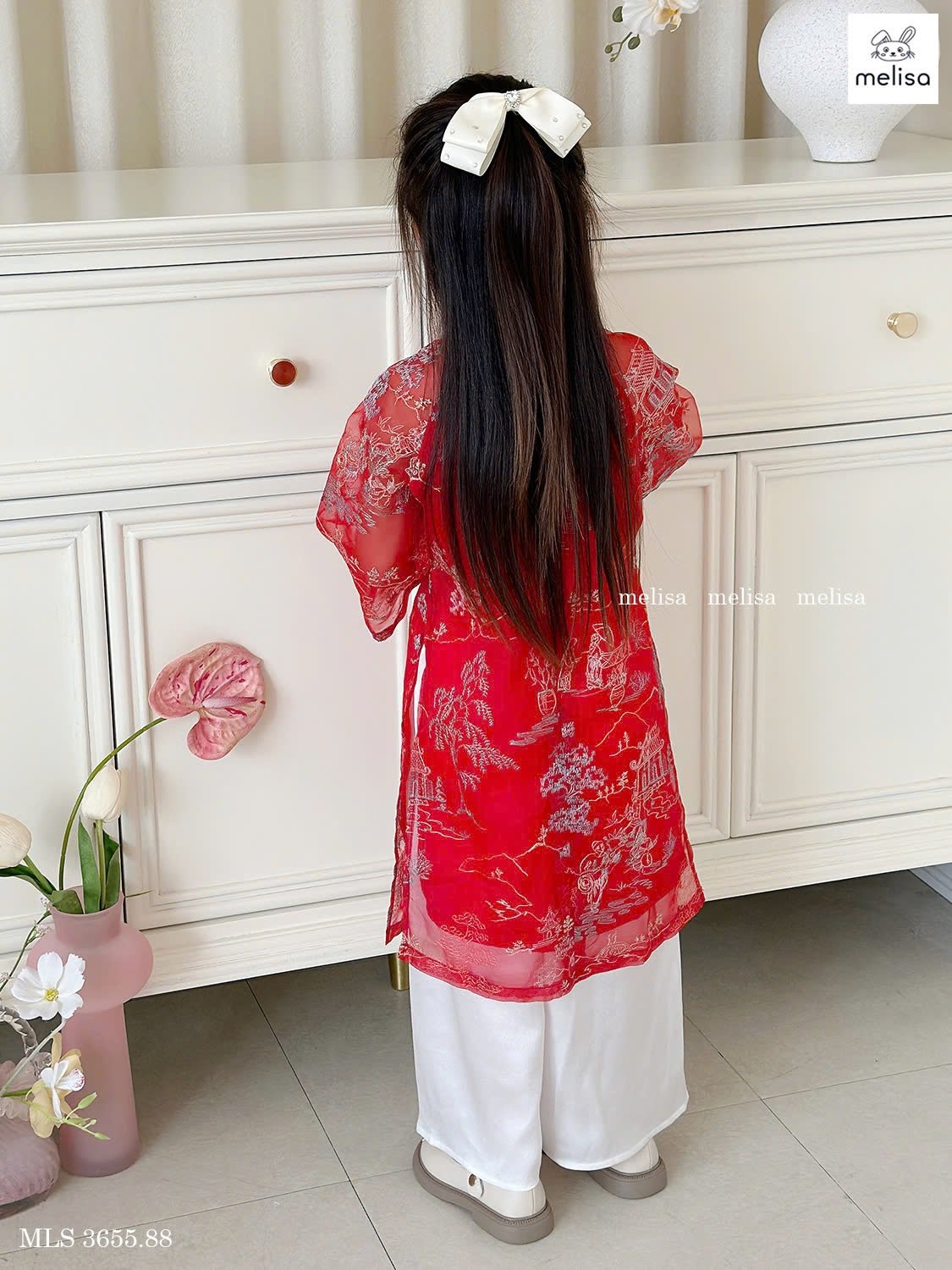 MLS 3655 - Áo dài voan Melisa màu đỏ hoạ tiết thêu nổi làng quê bắc bộ size 2 - 12y