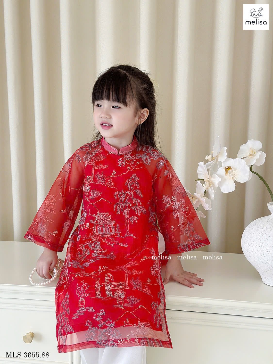 MLS 3655 - Áo dài voan Melisa màu đỏ hoạ tiết thêu nổi làng quê bắc bộ size 2 - 12y