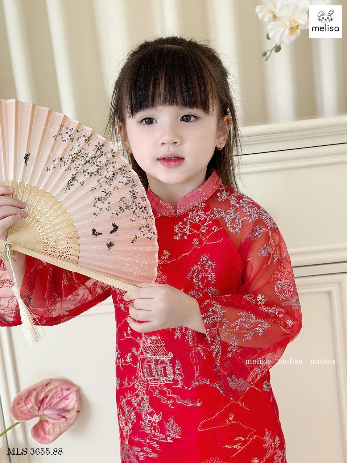 MLS 3655 - Áo dài voan Melisa màu đỏ hoạ tiết thêu nổi làng quê bắc bộ size 2 - 12y