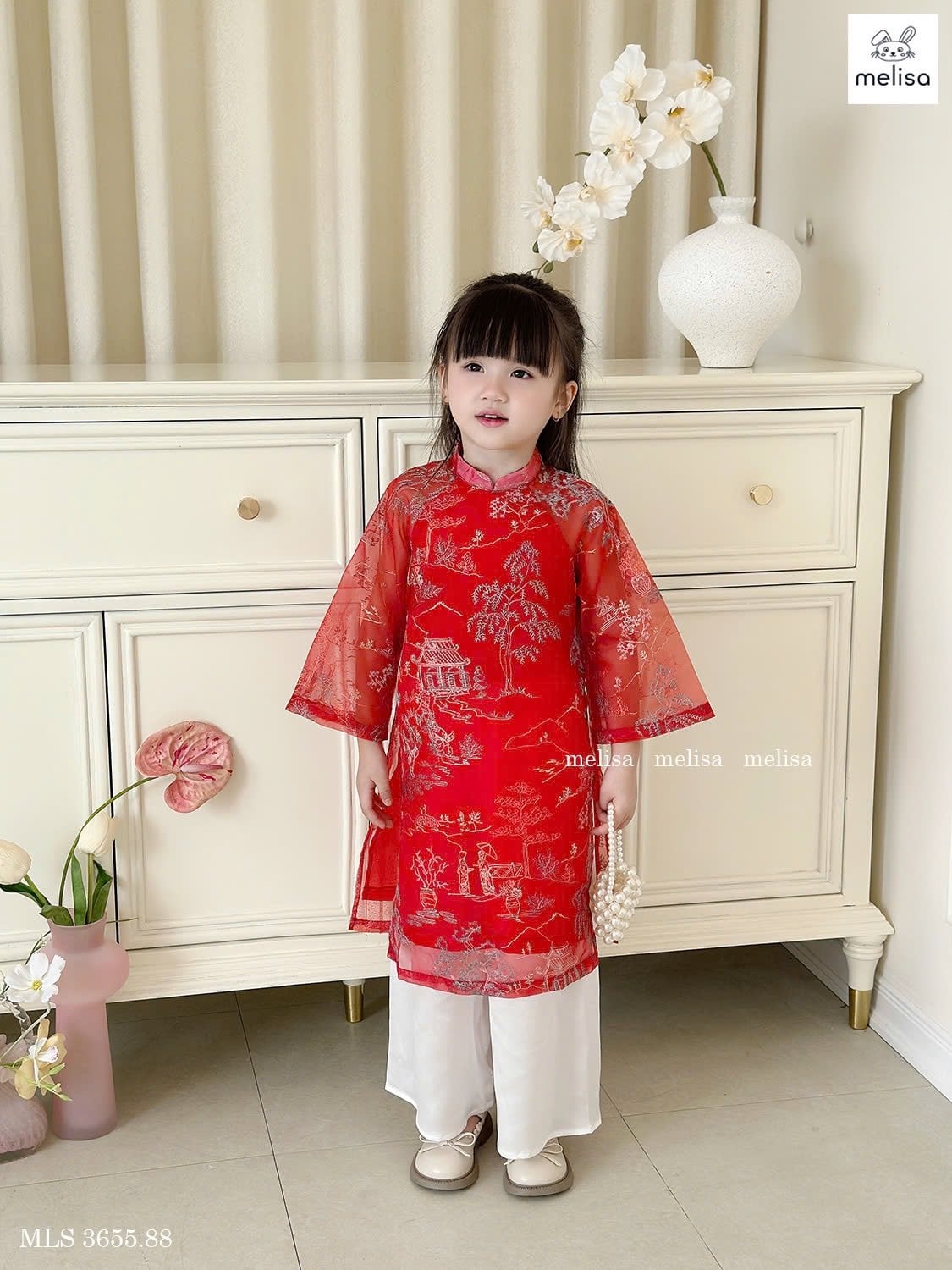 MLS 3655 - Áo dài voan Melisa màu đỏ hoạ tiết thêu nổi làng quê bắc bộ size 2 - 12y