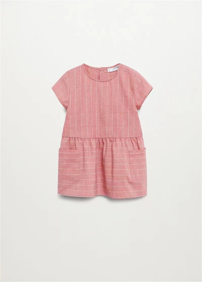 V00045 - Váy vải thô dáng baby doll màu hồng kẻ cho bé gái size 1-5y