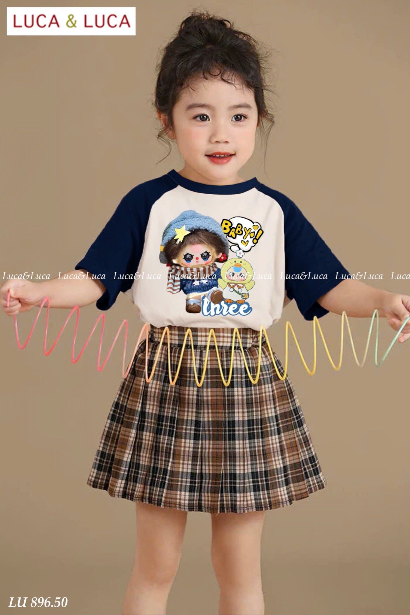 LU 896 - Set bộ Luca áo babythree + chân váy kẻ caro nâu bé gái size 2-12y