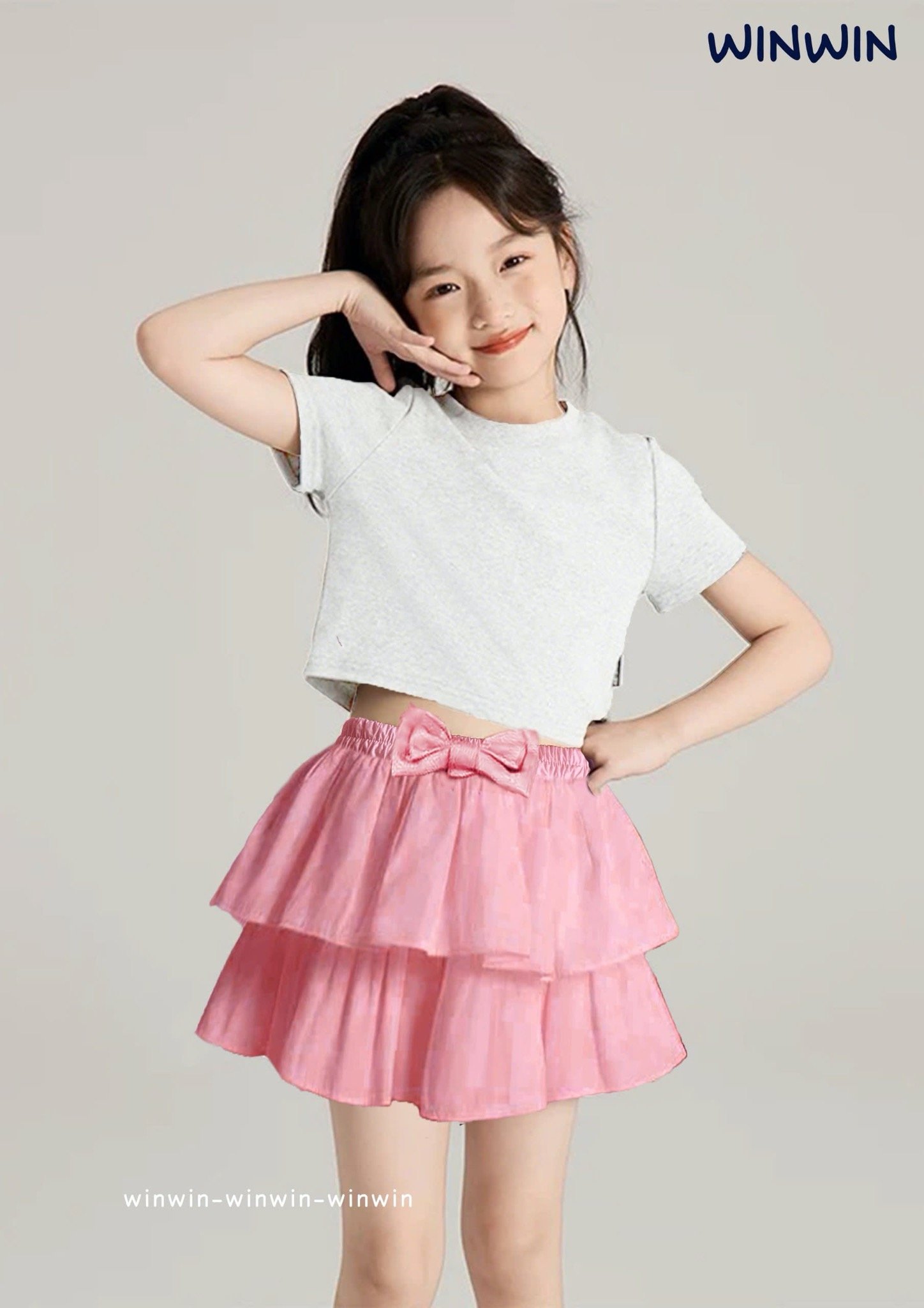 CVAY12 - Chân váy thô liền quần Win Win nhún 2 tầng cạp đính nơ size 3 - 14y