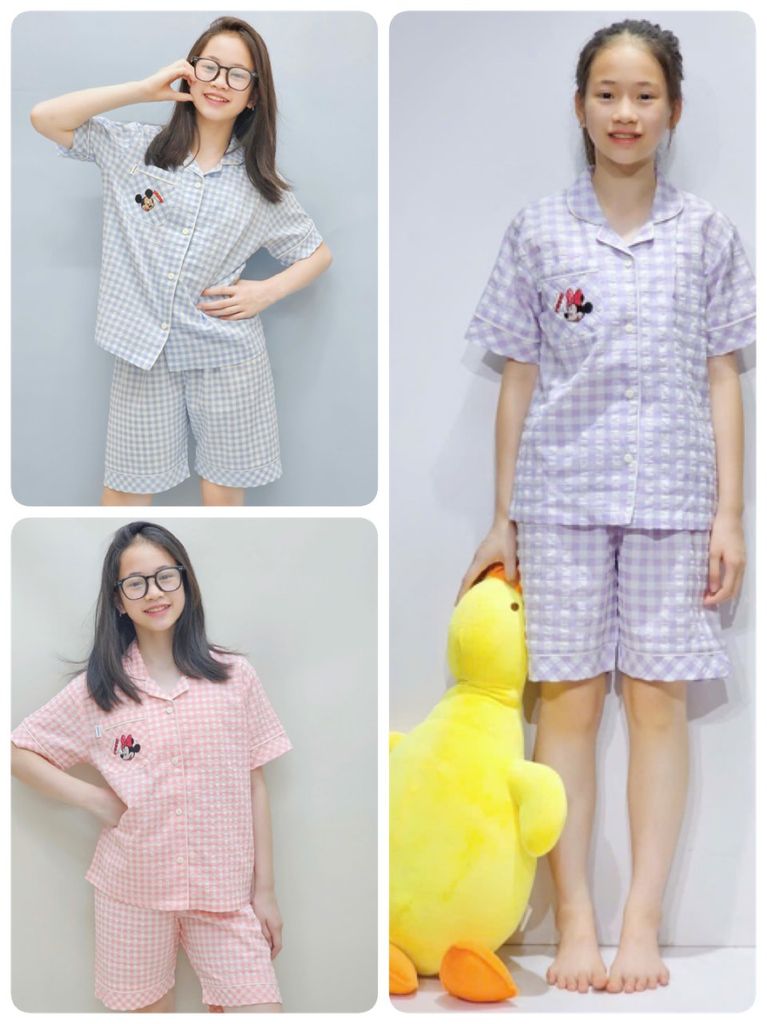 Bộ pyjama Beemon kẻ caro in hình minnie, mickey nhiều màu cho bé size 120-160