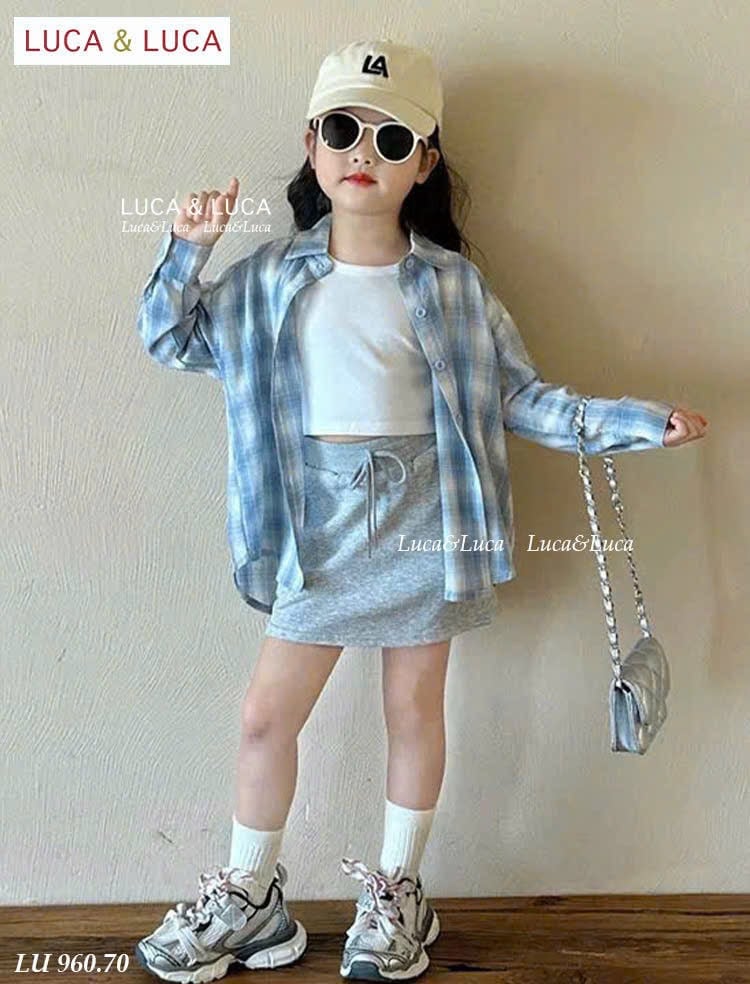 LU 960 - Set 3ct LUCA áo sơ mi caro xanh dài tay + áo trắng + chân váy bé gái size 2-12y