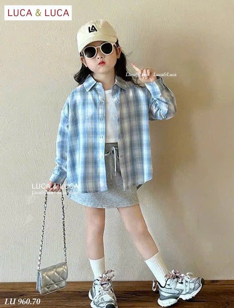 LU 960 - Set 3ct LUCA áo sơ mi caro xanh dài tay + áo trắng + chân váy bé gái size 2-12y
