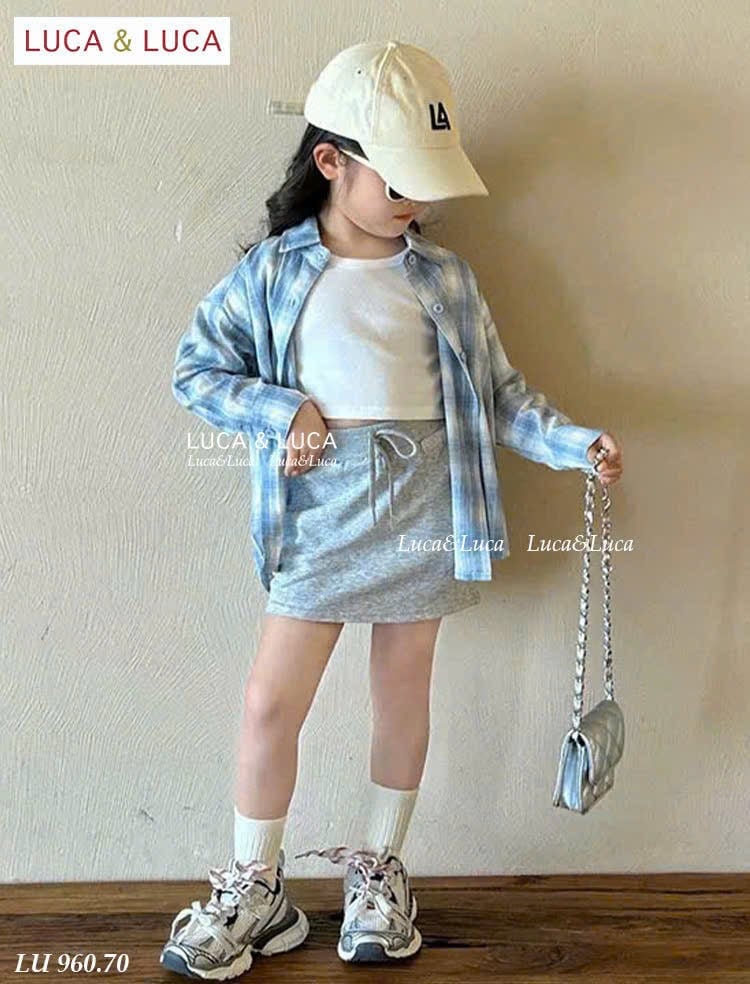 LU 960 - Set 3ct LUCA áo sơ mi caro xanh dài tay + áo trắng + chân váy bé gái size 2-12y