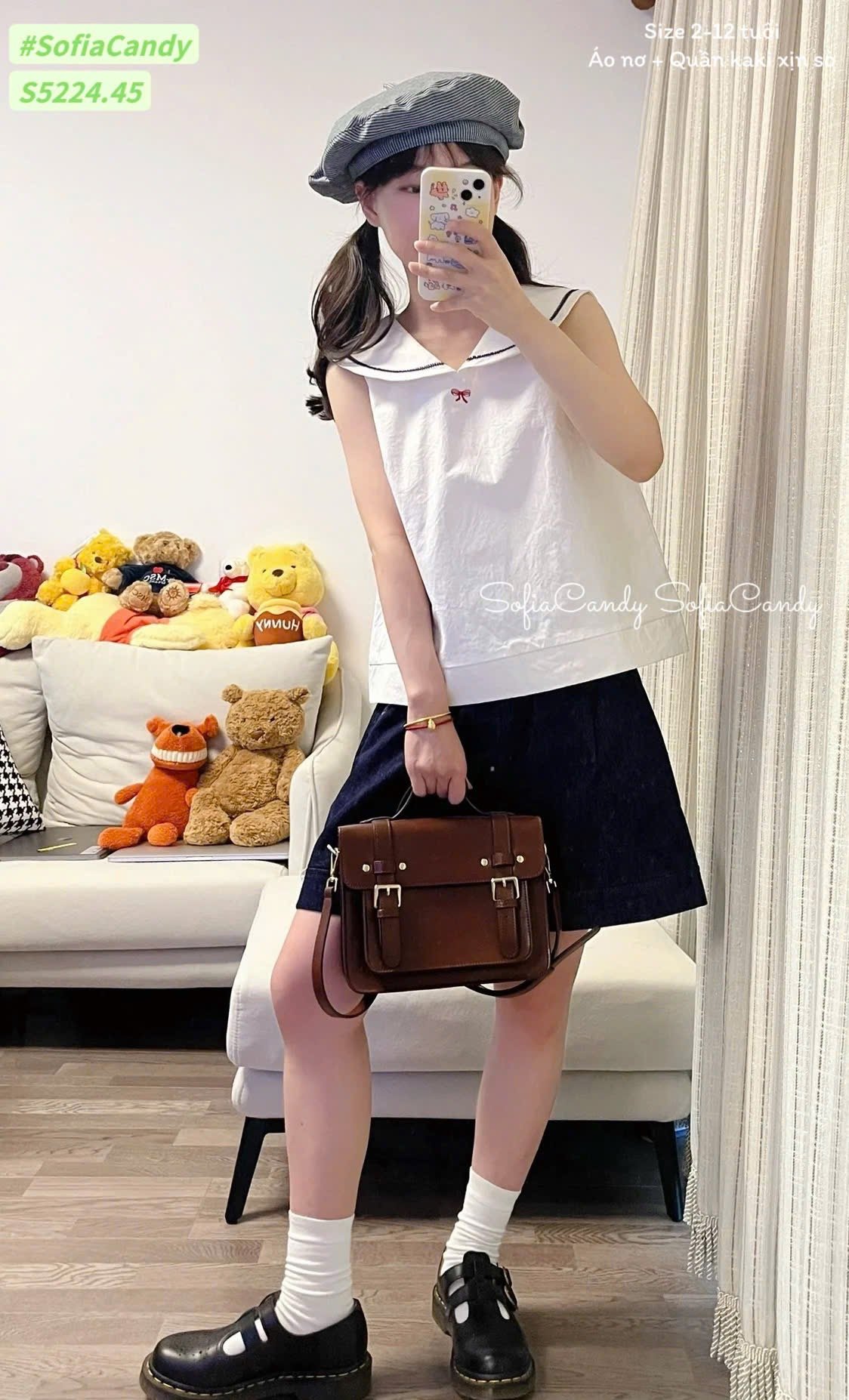 S5224 - Bộ Sofia Candy áo trắng thêu nơ + quần kaki bé gái size 2-12y