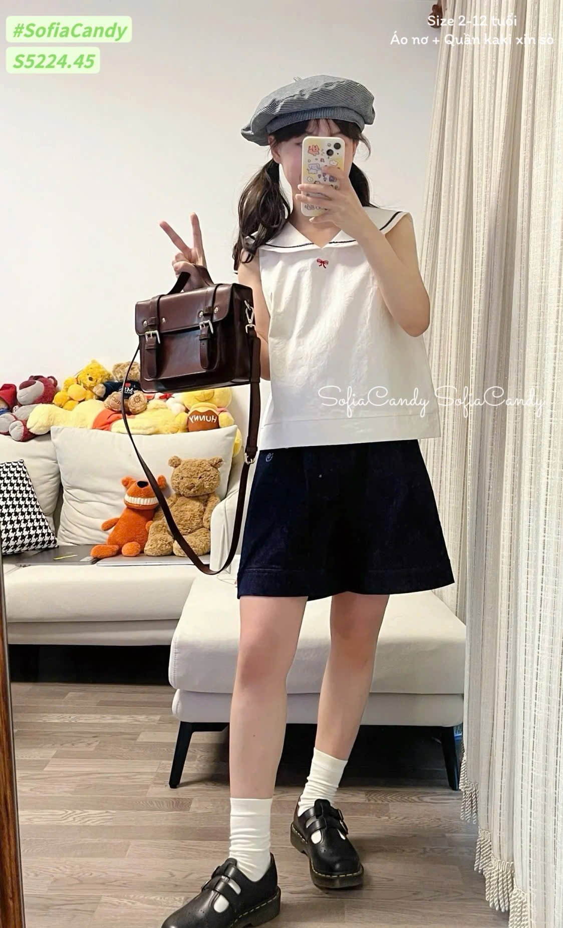 S5224 - Bộ Sofia Candy áo trắng thêu nơ + quần kaki bé gái size 2-12y